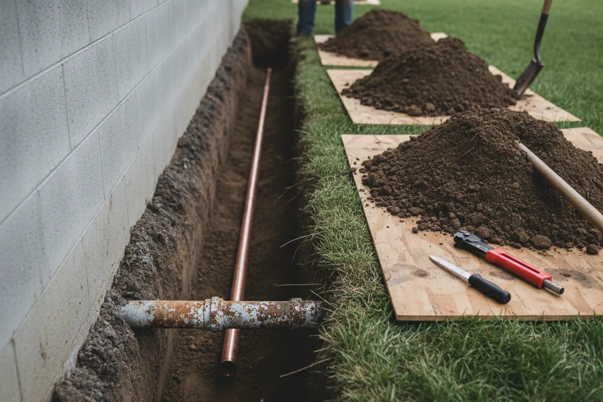 Excavated water line trench during Water Softener Installation in Greenbackville
